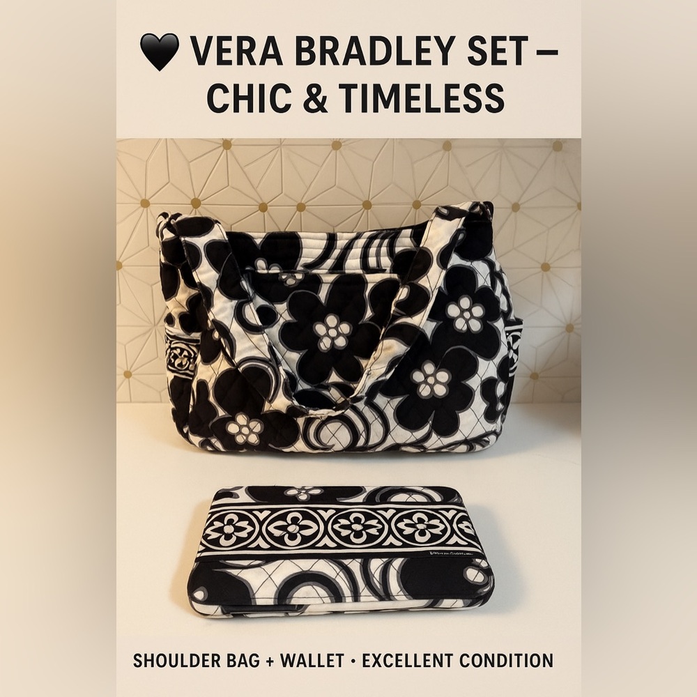 🖤 Vera Bradley Shoulder Bag & Matching Wallet Set – Black & White Floral Print